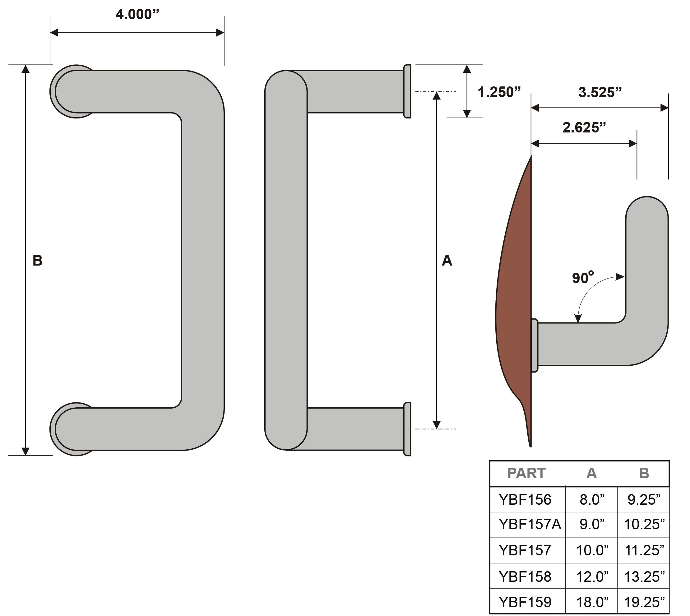 Rockwood YBF156 Door Pull Bar With Base Plates and a 90° Offset