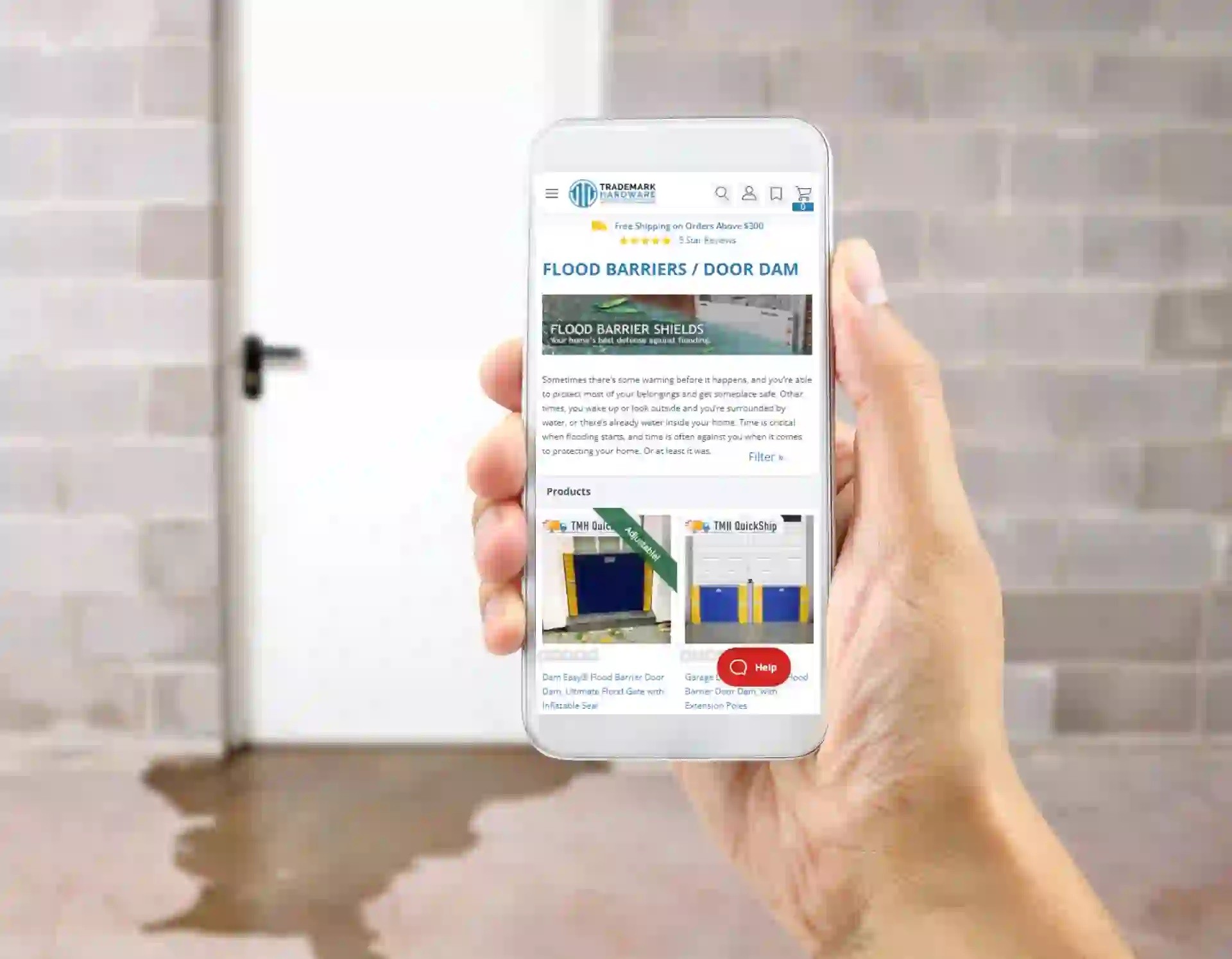Man looking for flood barrier solutions on his phone with flooding in the background