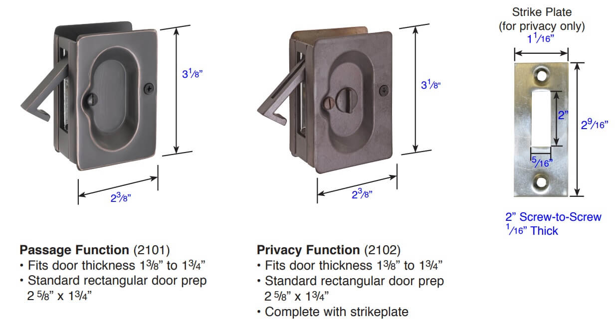 Product specs for Emtek Privacy Lock #2102 and 2101
