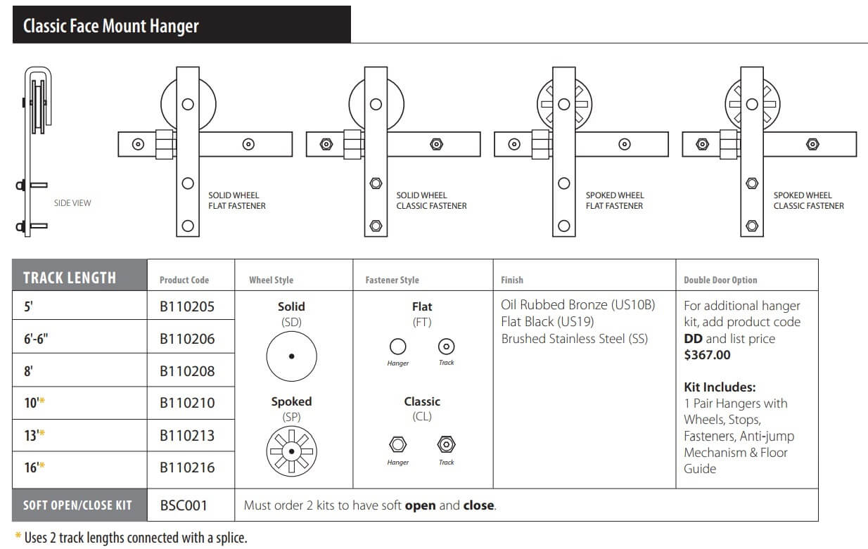Product Specs for Emtek Classic Barn Door Hardware