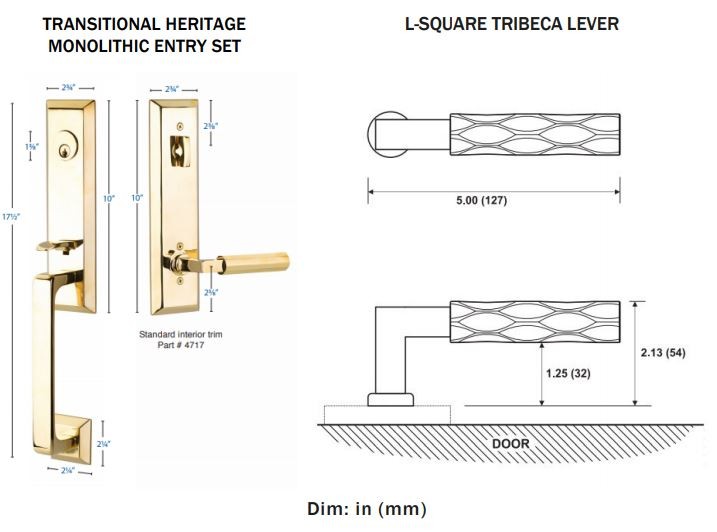 Transitional Heritage Monolithic Entry set with L-Square Tribeca Lever, EM4717LSTR