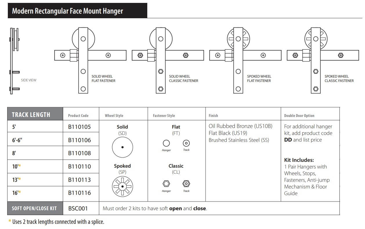Product Specs of Emtek Modern Rectangular Face Mount Barn Hardware #B110105