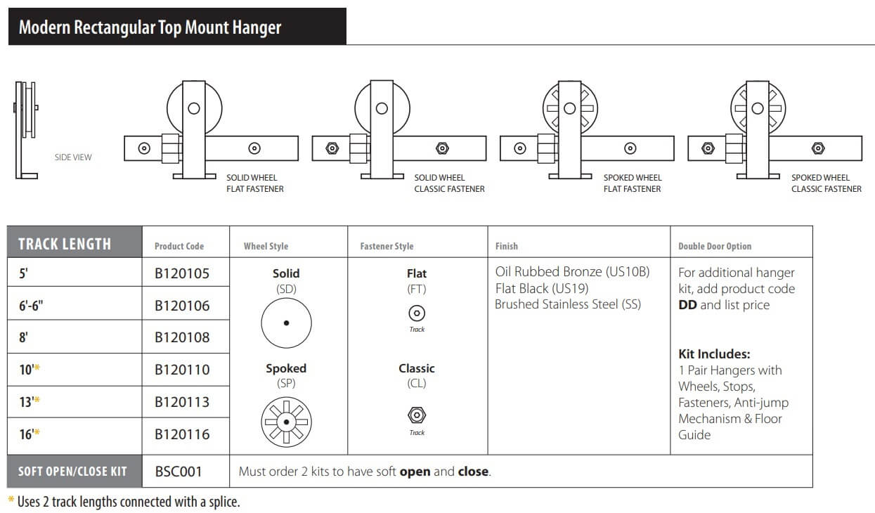 Product Specs for Emtek Barn Hardware, Modern with Top Mount