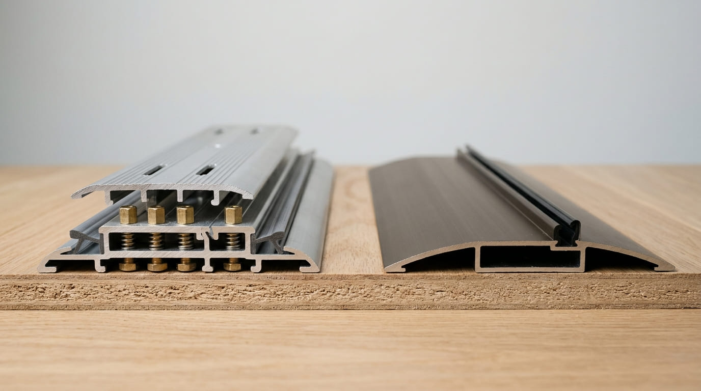Side-by-side comparison of an adjustable door threshold and a fixed-height door threshold