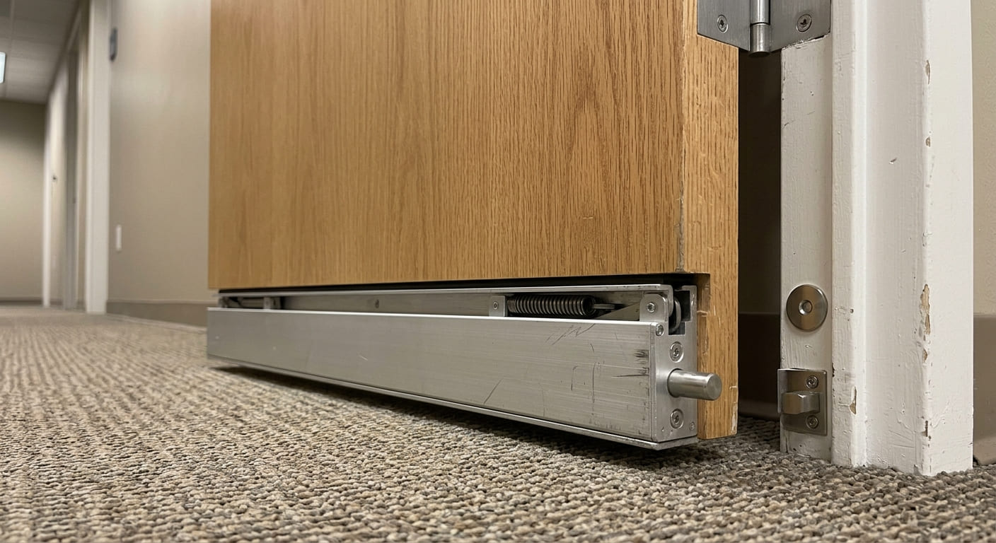 Retractable automatic door bottom mechanism beneath a commercial door