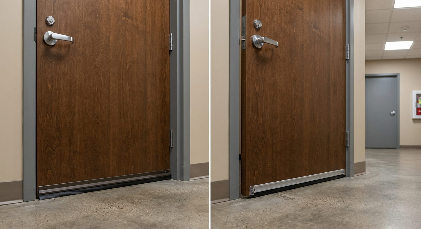 Automatic door bottom compared with a standard door sweep