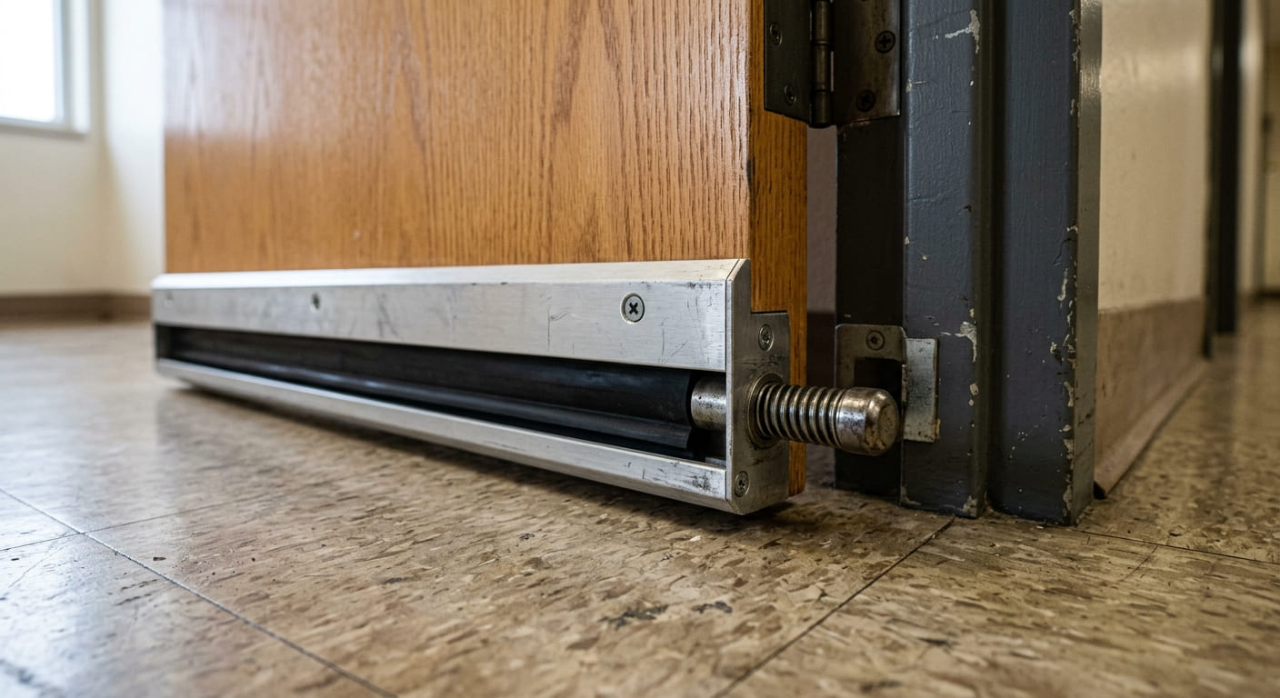 Automatic retractable door seal mechanism at the bottom of a commercial door