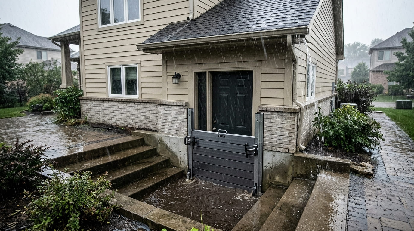 Basement door protected from floodwater with a flood barrier