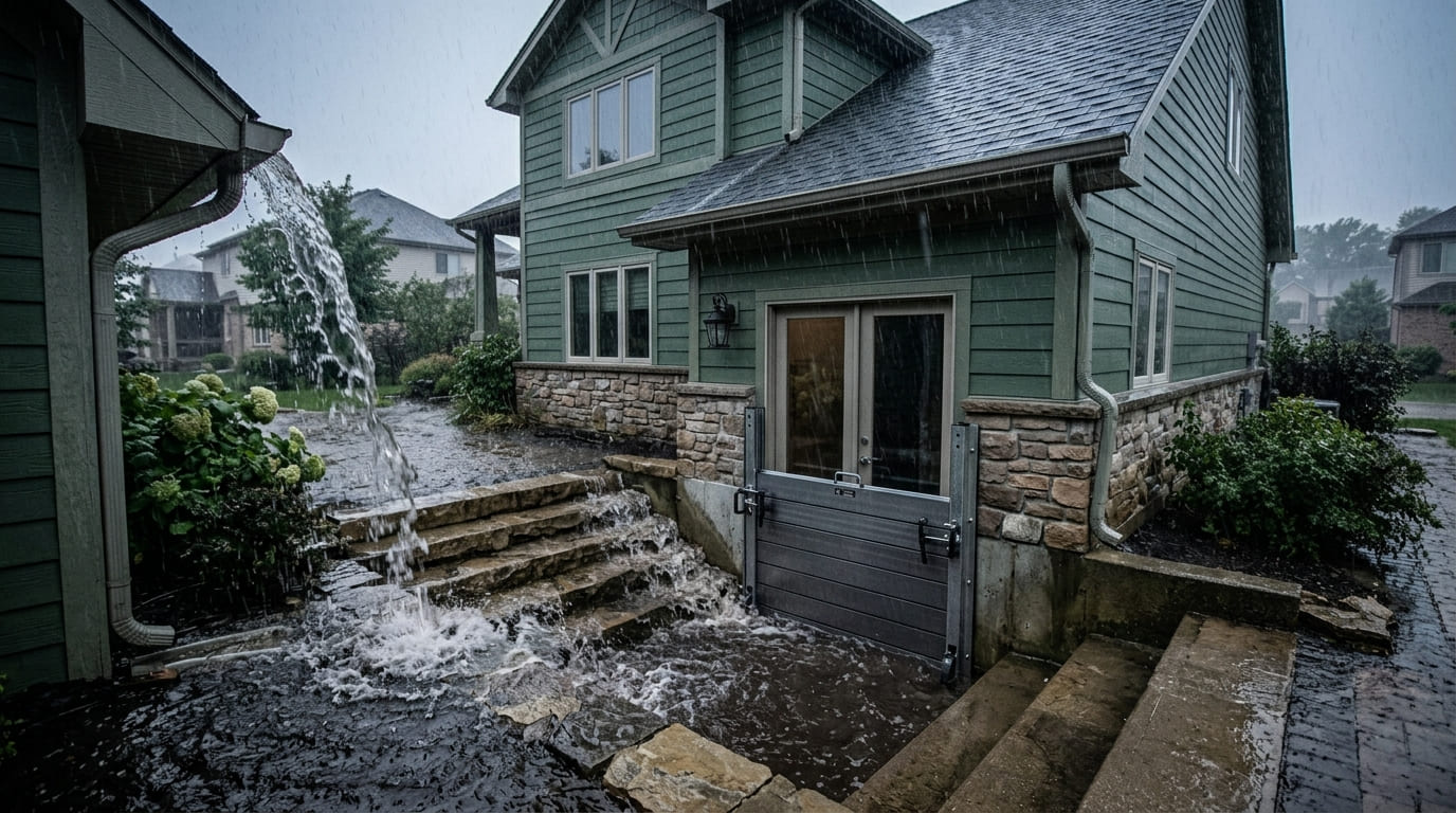 Basement door exposed to flooding during heavy rain