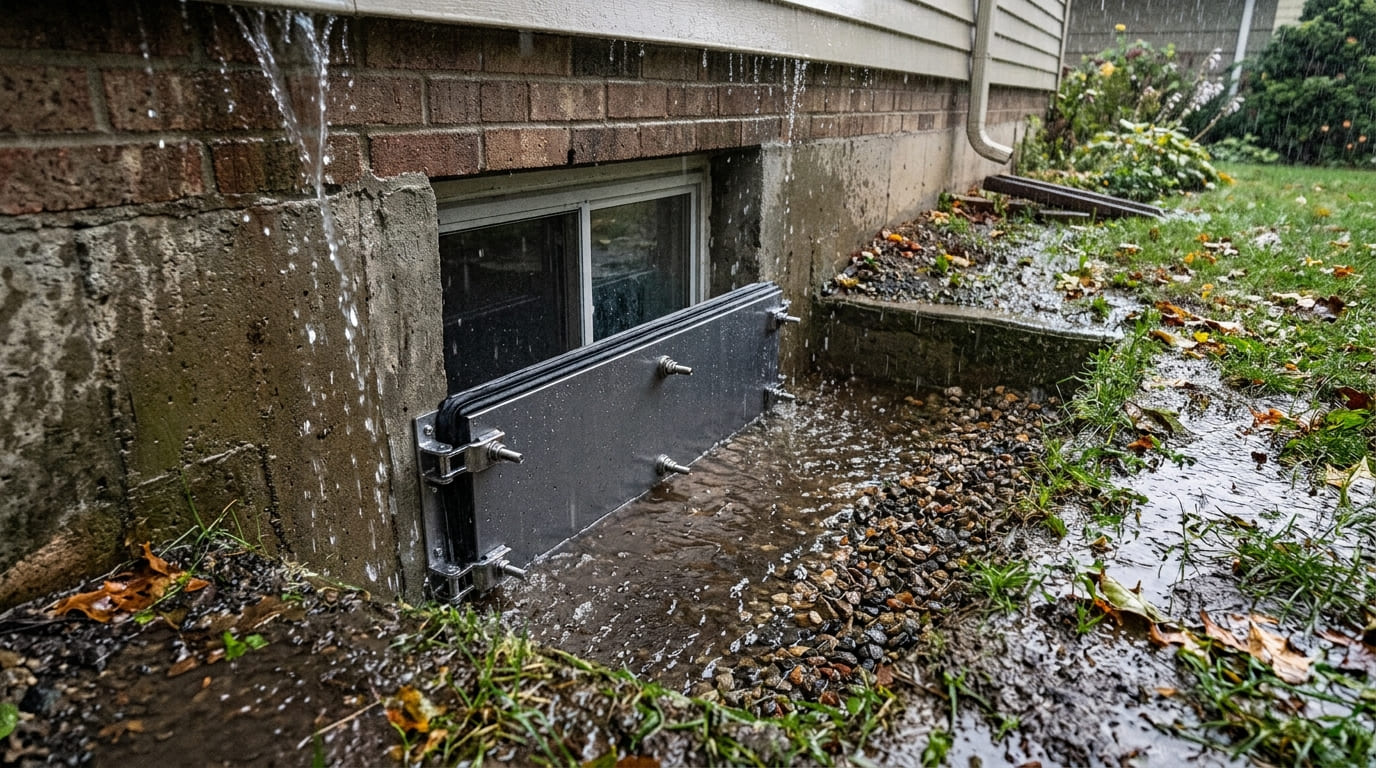 Flood protection barrier covering a below-grade basement window