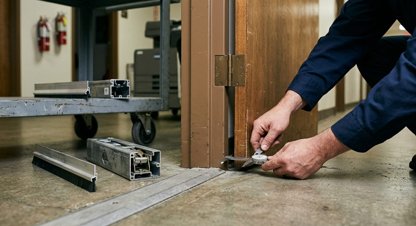 Commercial door bottom showing options for a fixed sweep and automatic door seal
