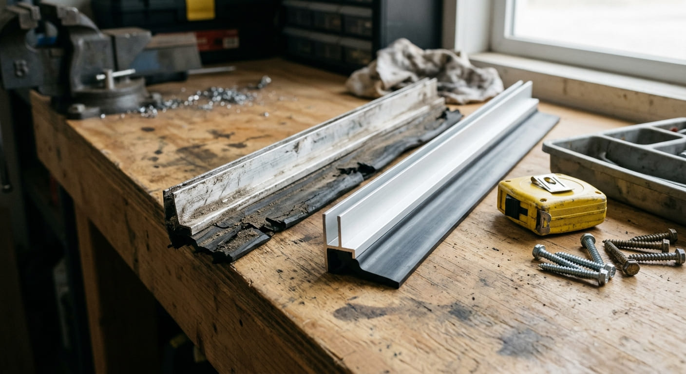 Comparing a worn commercial door sweep with a replacement door sweep
