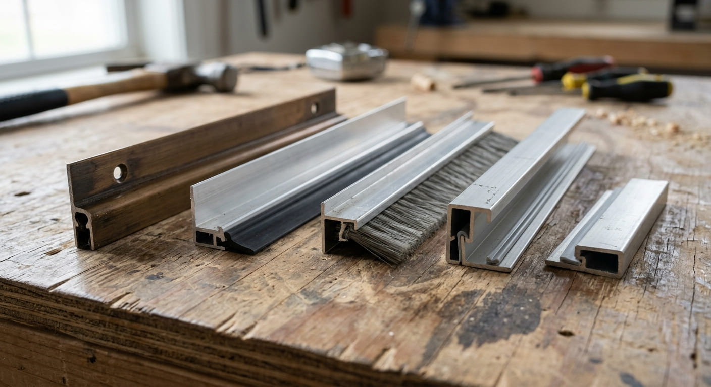 Different types of commercial door sweeps including rubber, brush and mortised profiles