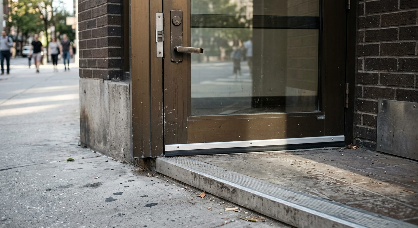 Commercial door sweep installed on an exterior commercial door