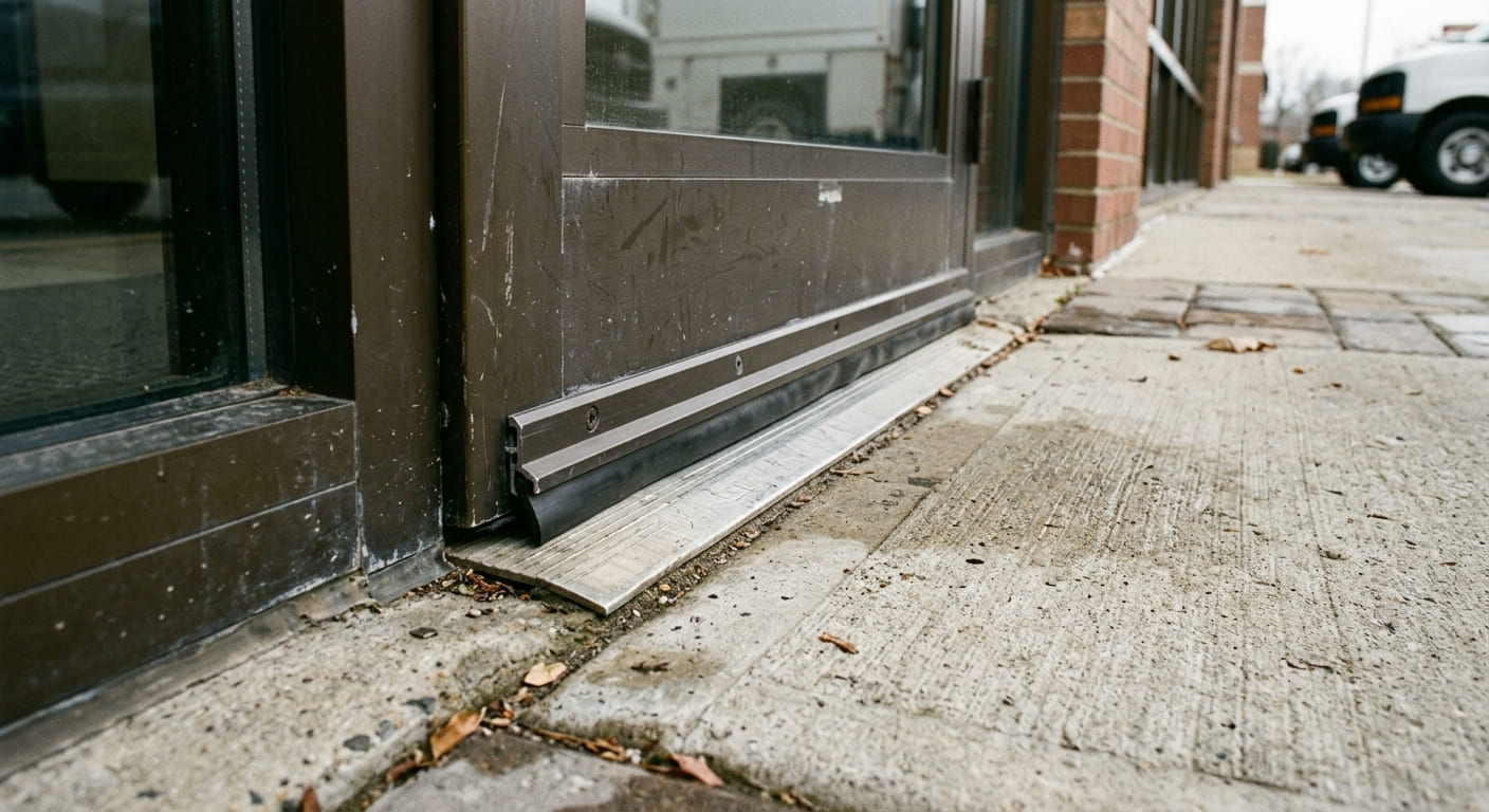 Commercial exterior door sweep sealing the bottom of an entrance door