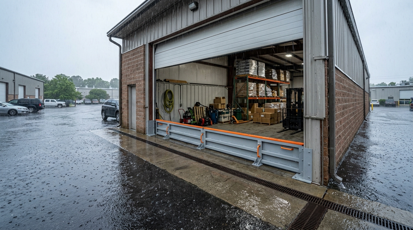 Commercial garage entrance protected from floodwater