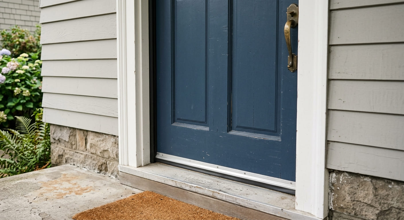Exterior door with weatherstripping and bottom door sweep installed
