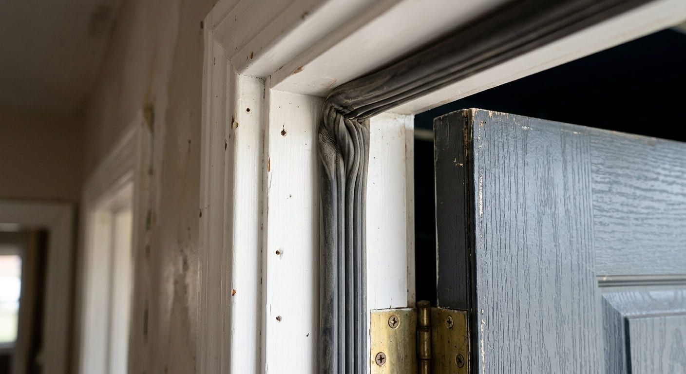 Weatherstripping installed along the sides and top of a door frame
