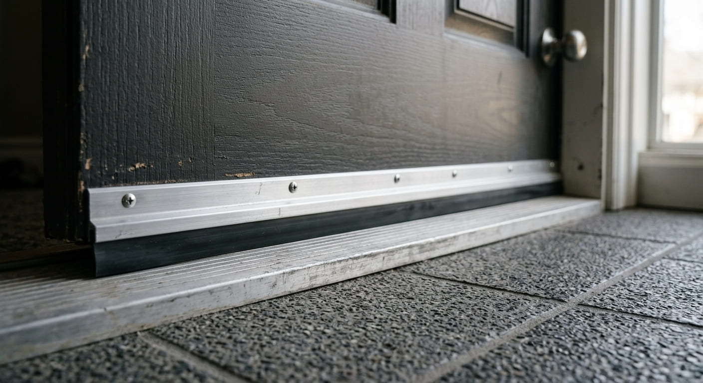 Newly installed door sweep sealing the gap beneath an exterior door