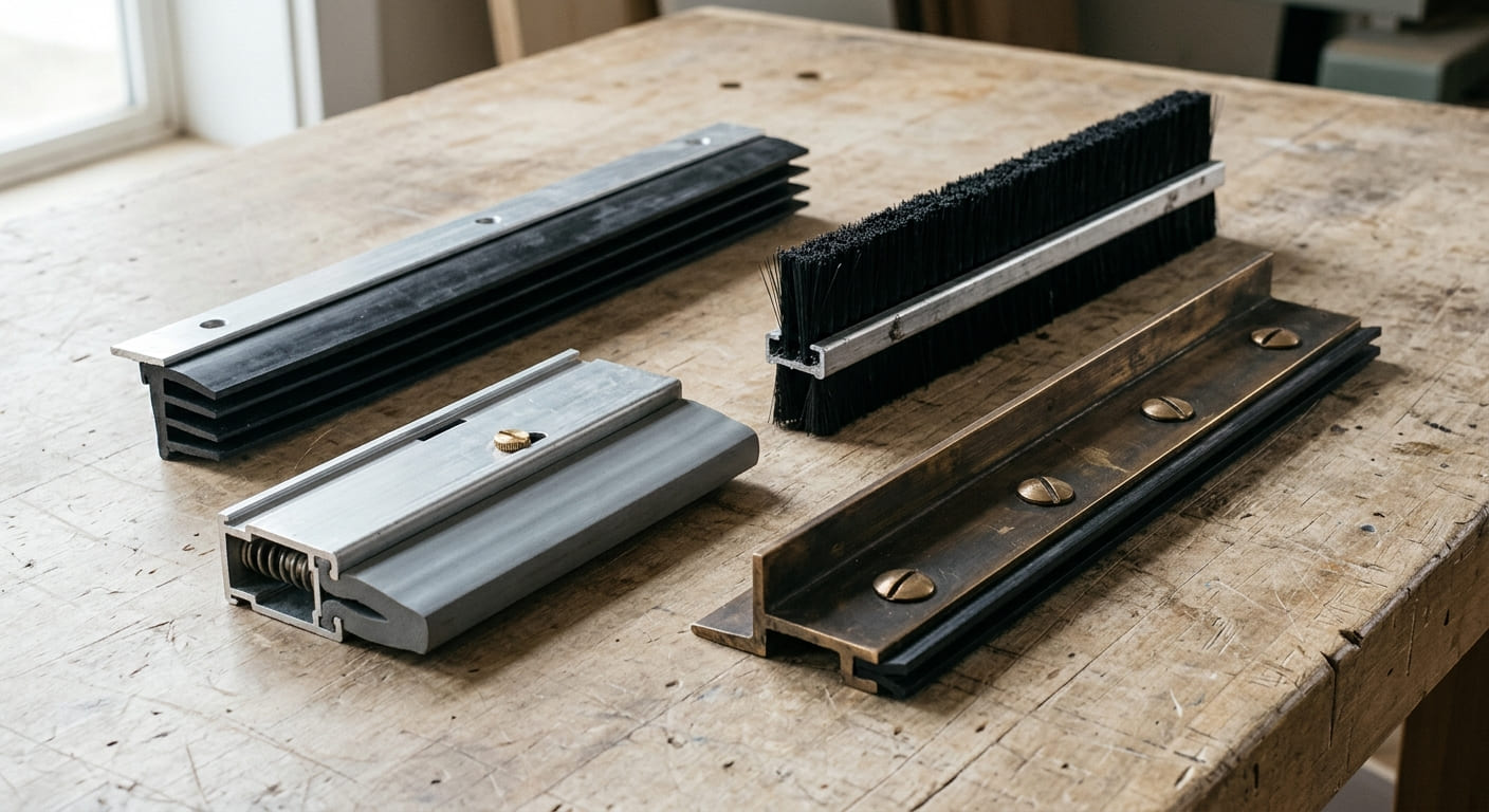 Different types of door sweeps including rubber, brush, mortised, and bronze