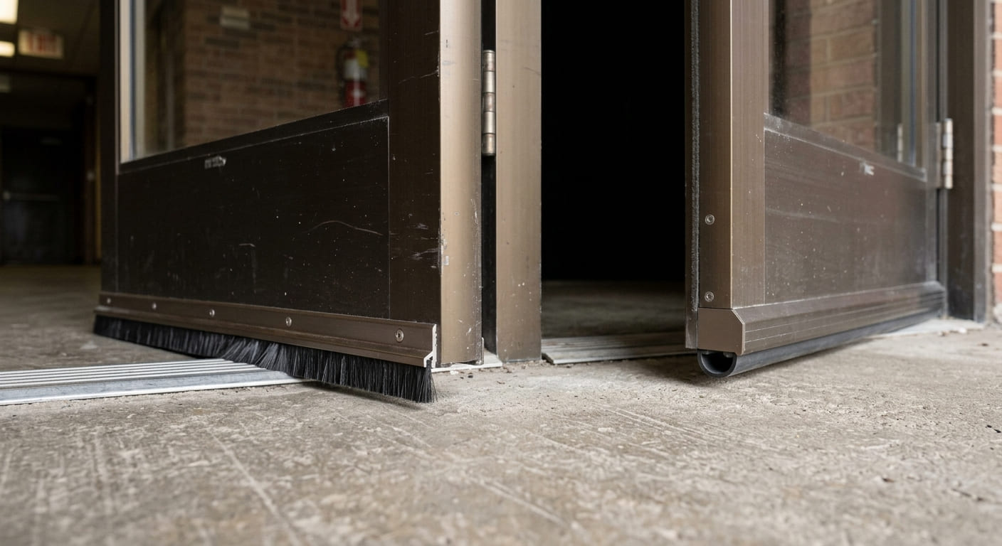 Floor contact difference between a fixed door sweep and automatic door bottom