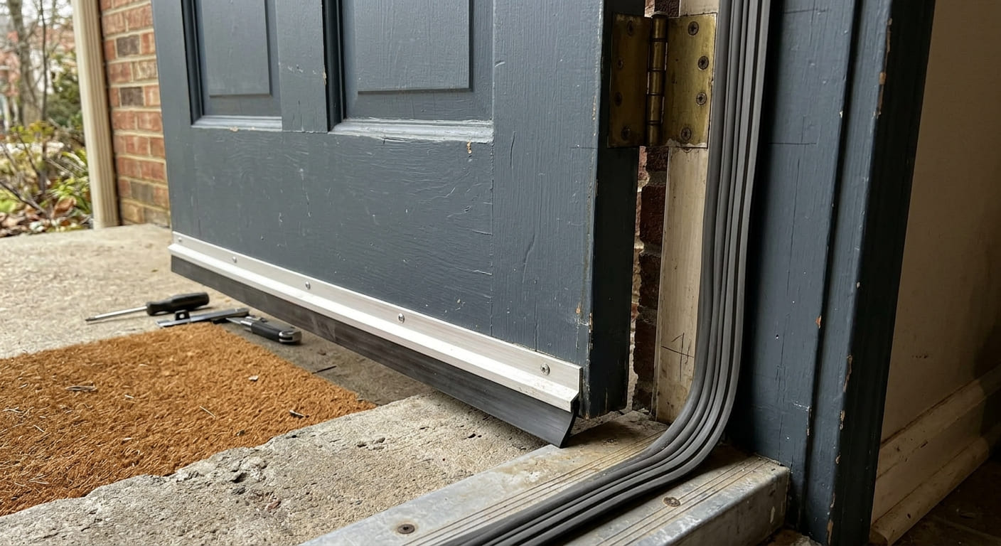 Door sweep at the bottom and weatherstripping around the door frame