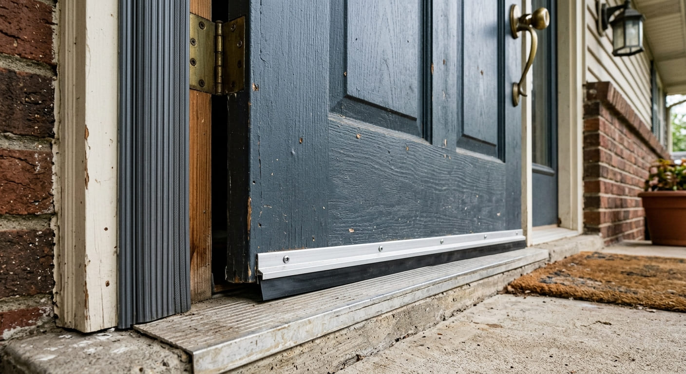 Door sweep and weatherstripping used to seal an exterior door