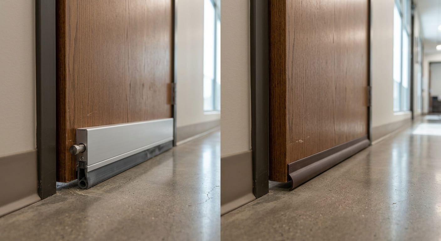 Drop down automatic door seal compared with a standard door sweep