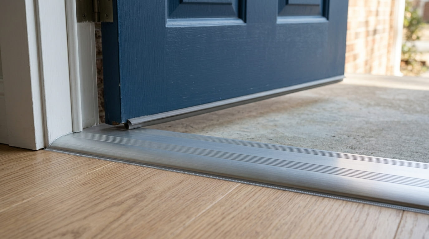 Fixed-height aluminum door threshold installed evenly beneath a closed exterior door