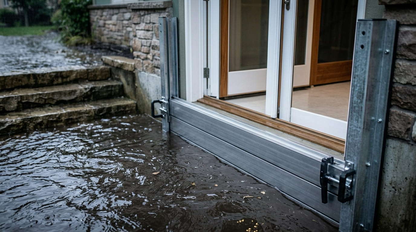 Flood barrier installed across a basement doorway