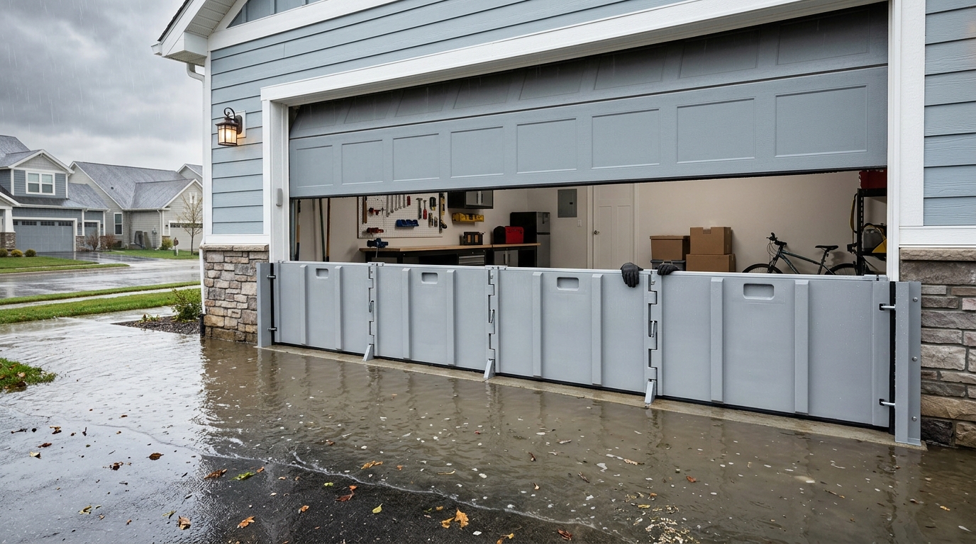 Garage door flood barrier installed across a garage entrance