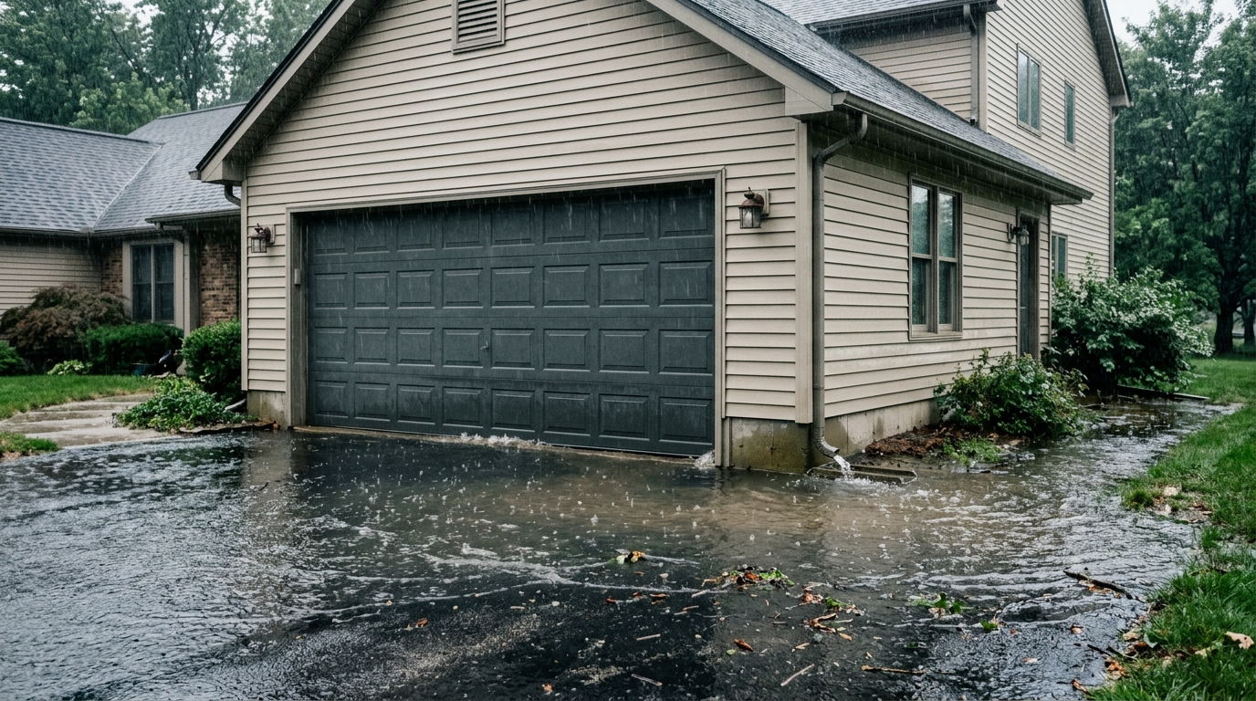 Garage door with floodwater approaching during heavy rain