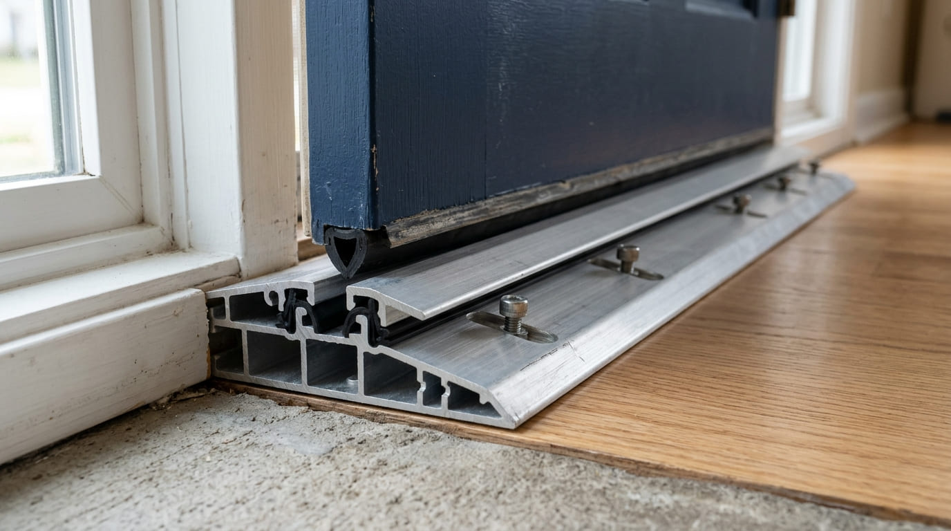 Close-up of an adjustable door threshold showing its movable sealing cap beneath the door