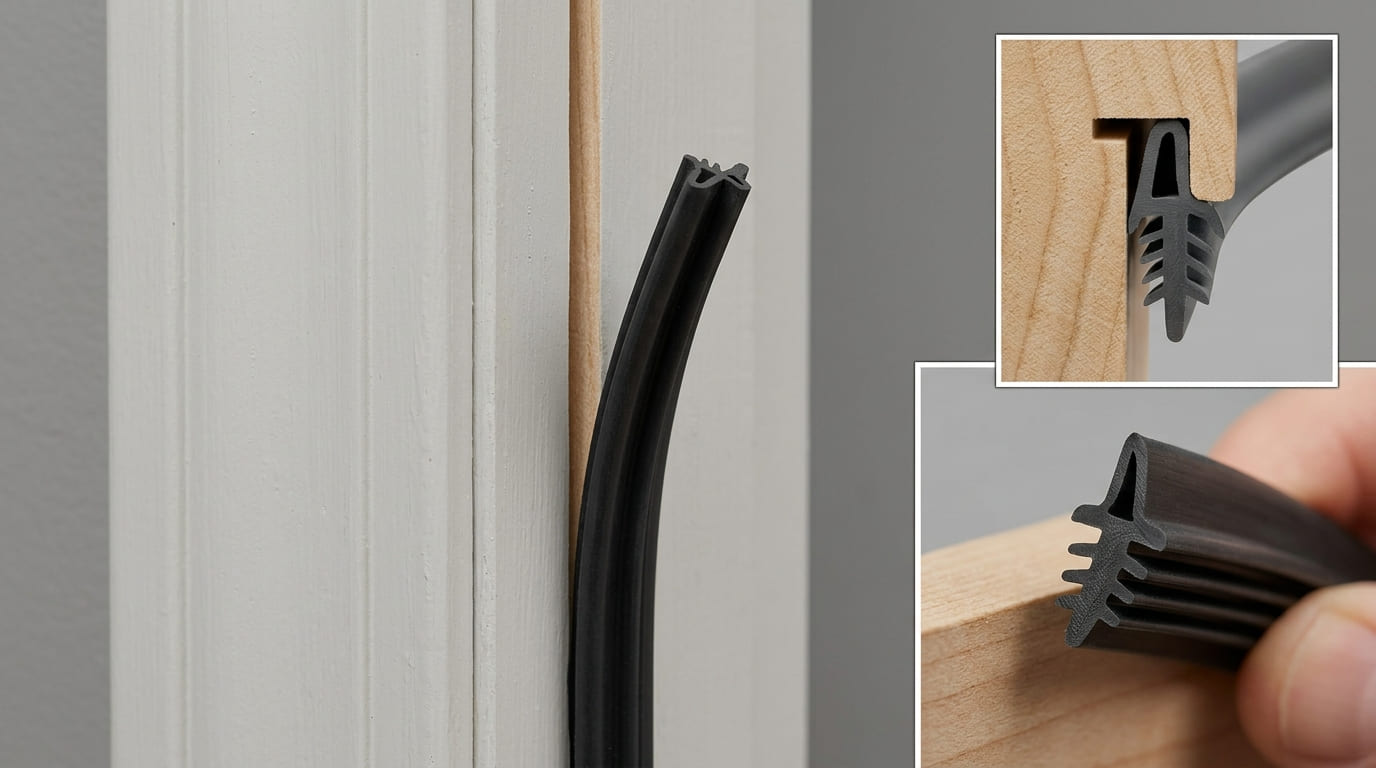 Kerf weatherstripping inserted into a door frame groove