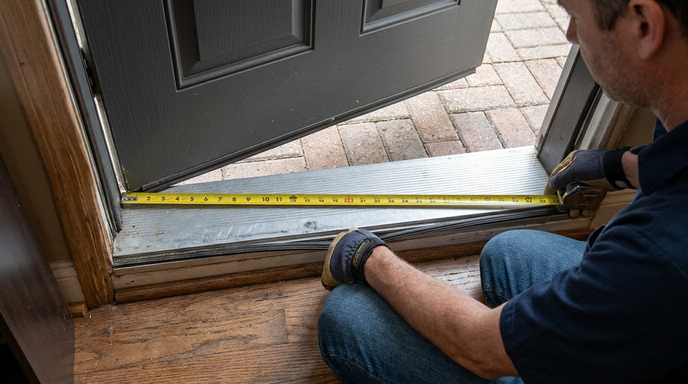 Person measuring the width of an aluminum door threshold with a tape measure.