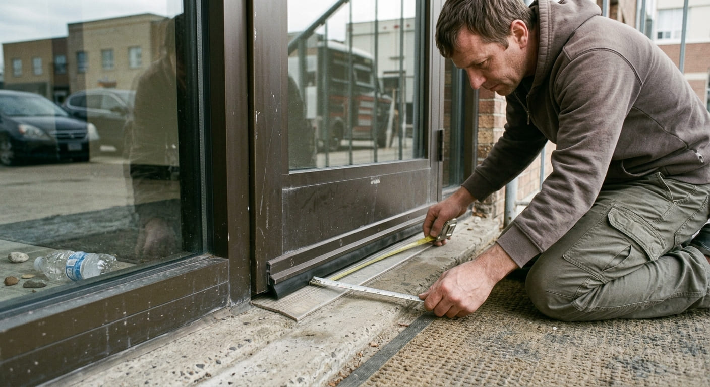 Measuring the bottom gap of a commercial door for a replacement sweep