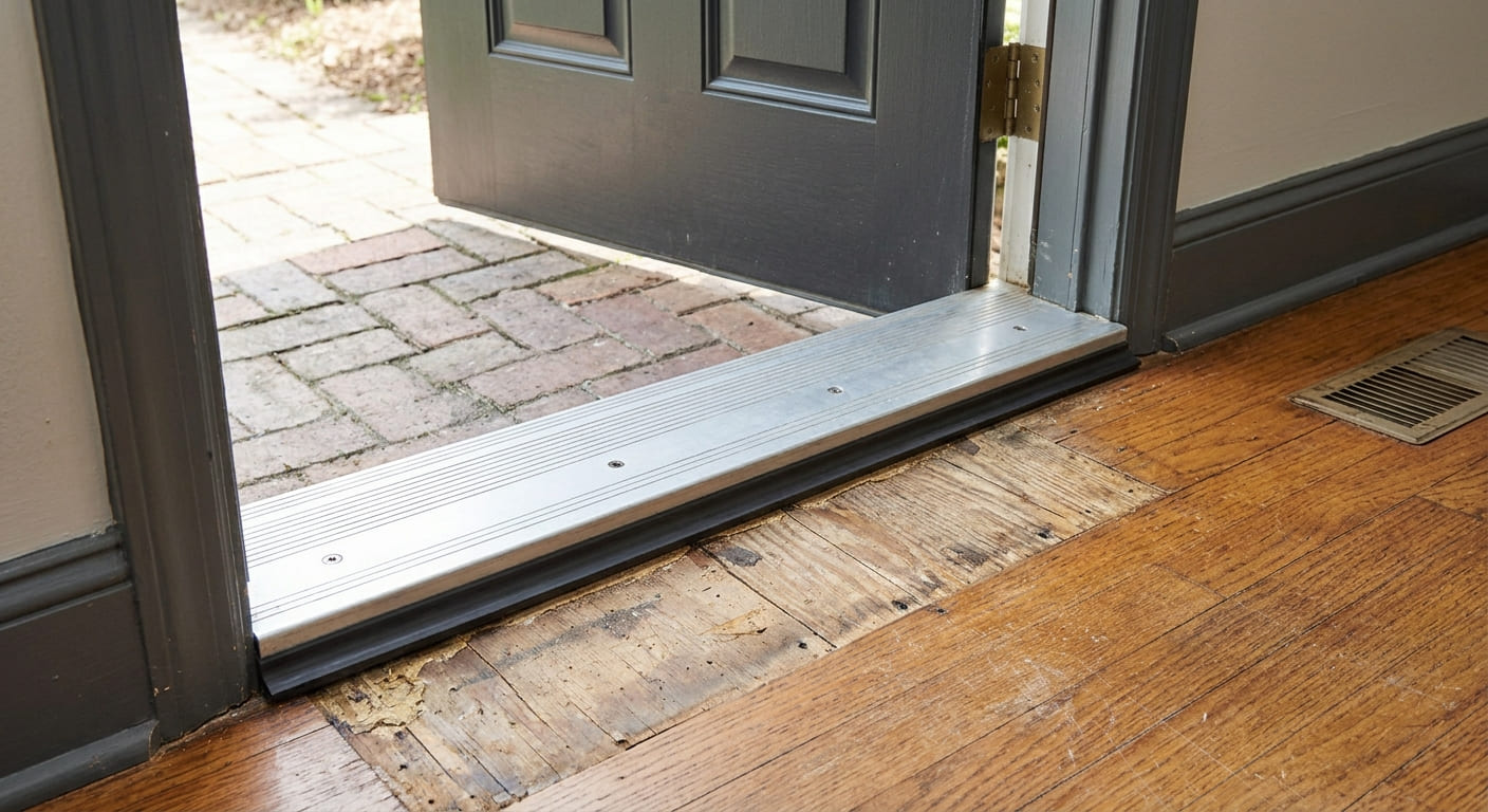 Newly installed aluminum door threshold with a rubber seal fitted beneath the door.