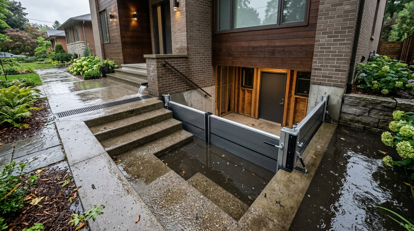 Reusable flood barrier protecting a residential basement door