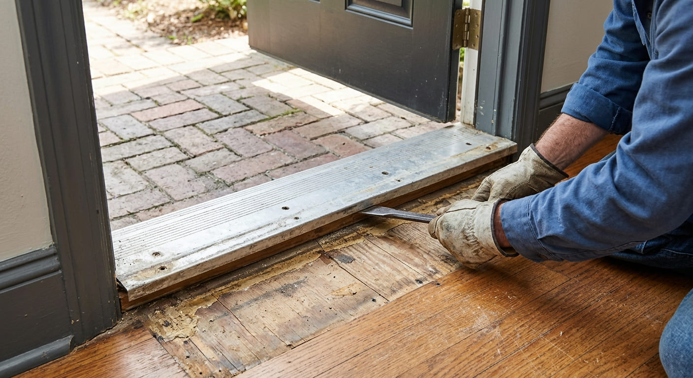 Removing an old aluminum door threshold from the doorway with a pry tool.