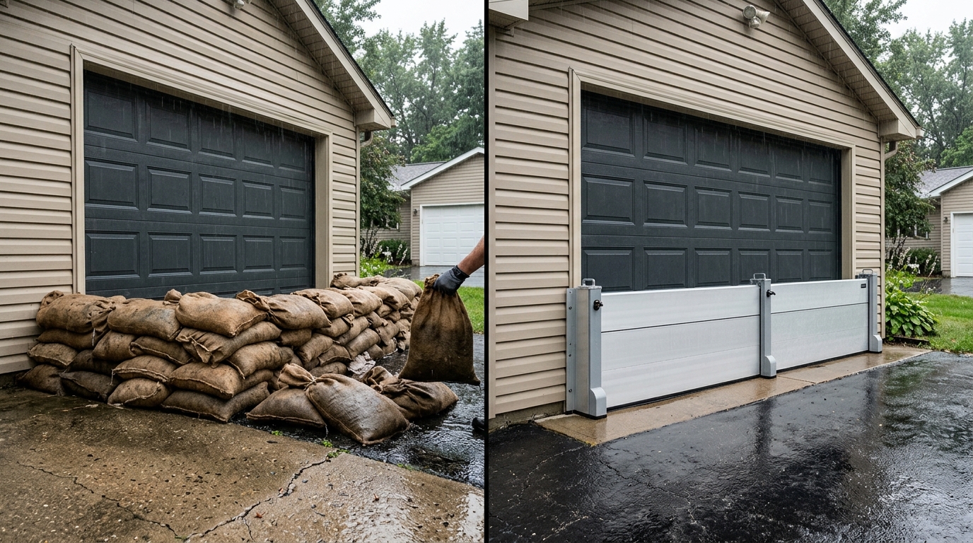 Comparison of sandbags and a garage door flood barrier