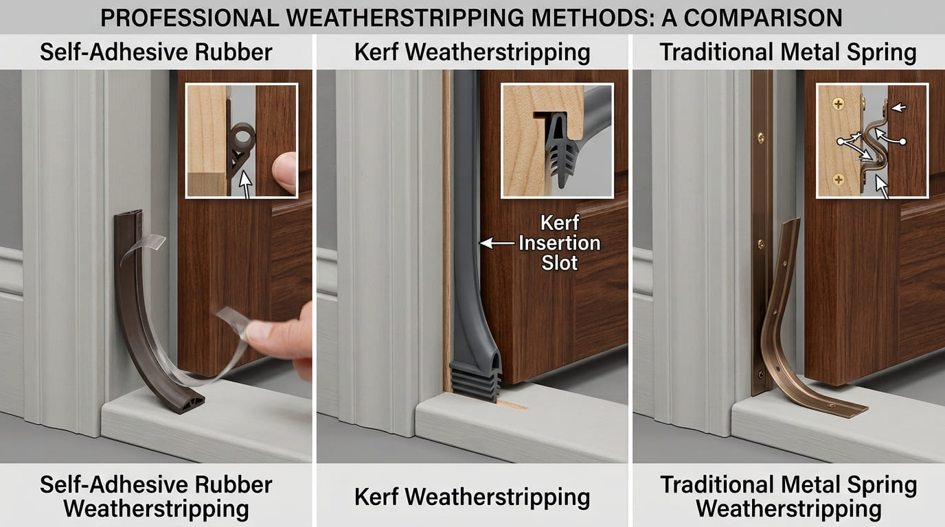 Self-adhesive, kerf and metal door frame weatherstripping