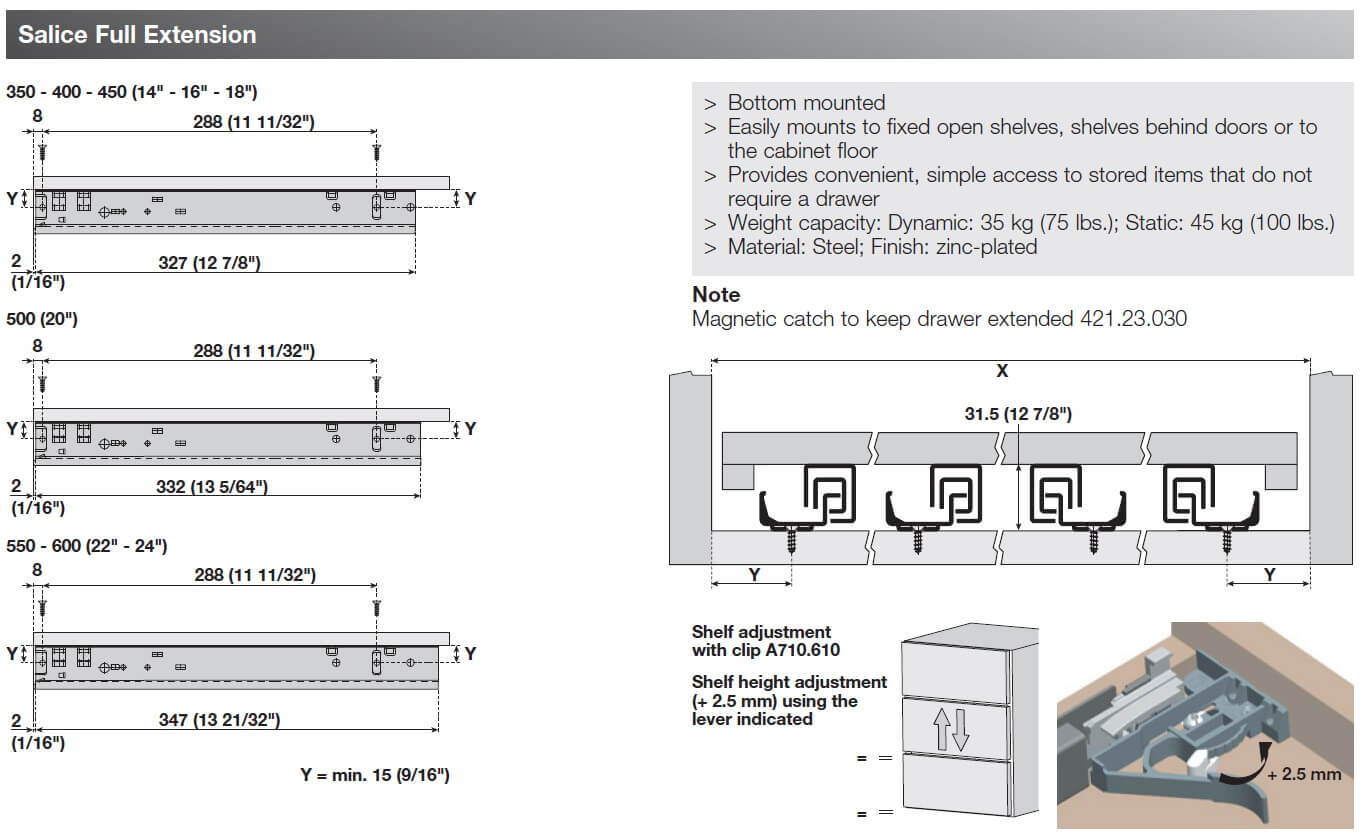 template of pull out shelf, salice bottom mount drawer slide