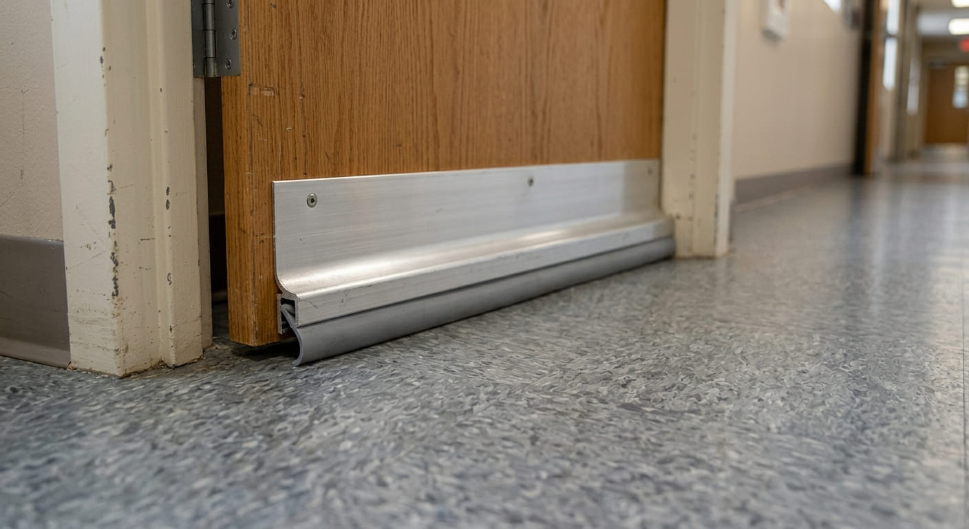 Standard fixed door sweep contacting the floor beneath a commercial door