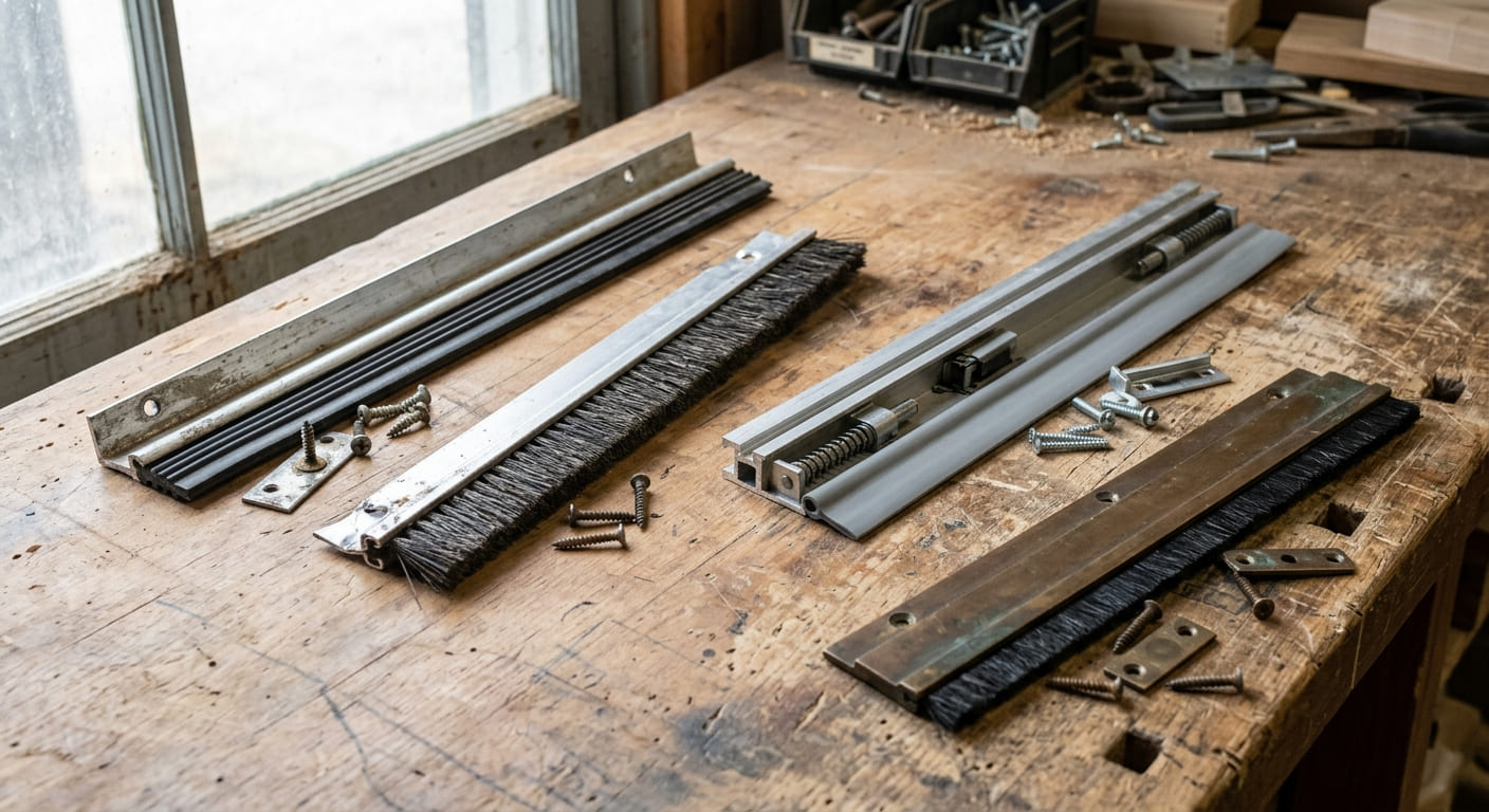 Rubber, brush, mortised and bronze door sweep styles