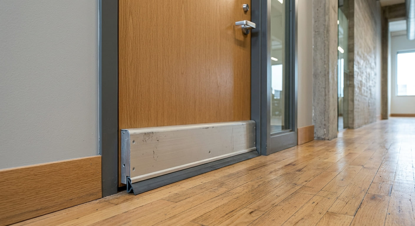Drop down door seal installed at the bottom of a closed door