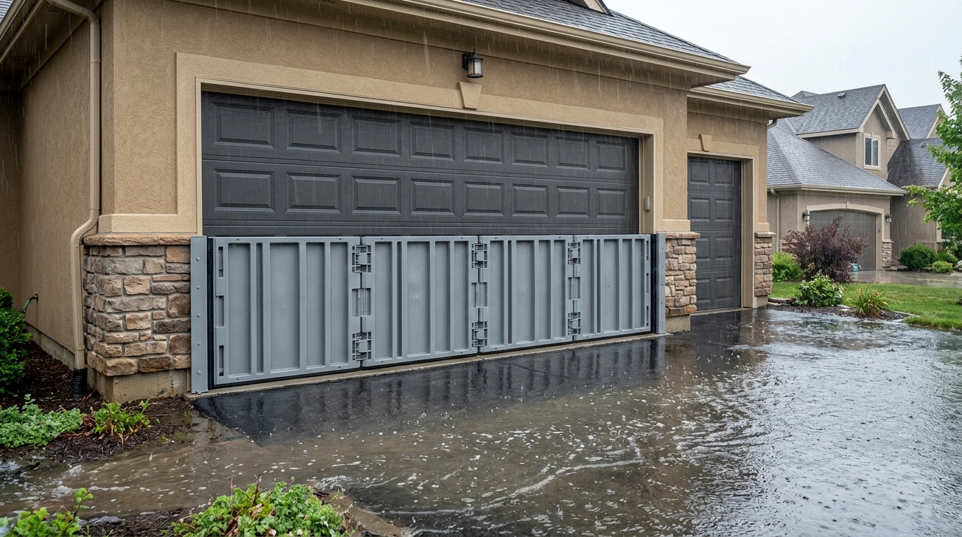 Wide garage door protected with a modular flood barrier