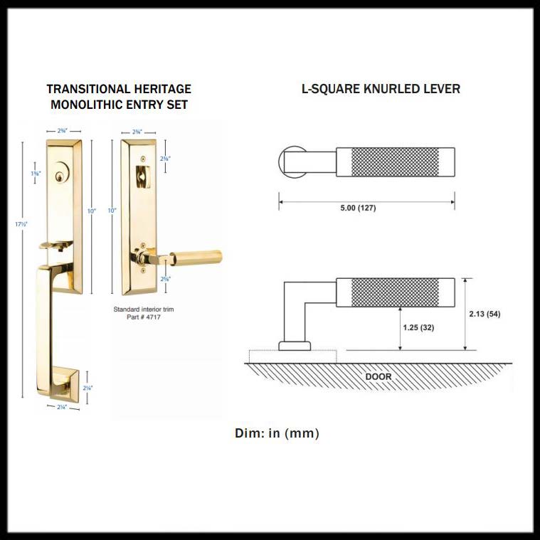 Emtek 4717US14.LSUS15.SMUS15A.RH Transitional Heritage Monolithic Tubular  Entry Set With Select Interior Handle