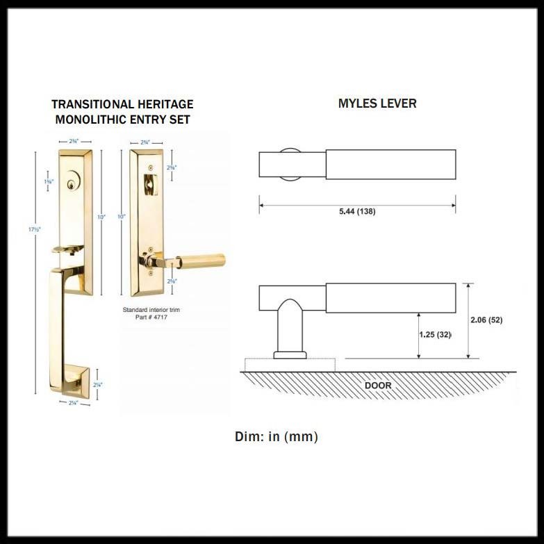 Emtek 4717MYL Transitional Heritage Monolithic Tubular Entry Set with Myles  Lever