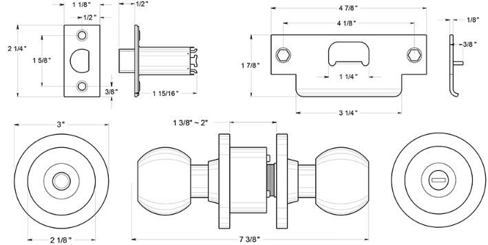 Deltana CL102EAC Privacy Round Door Knob Dimensions