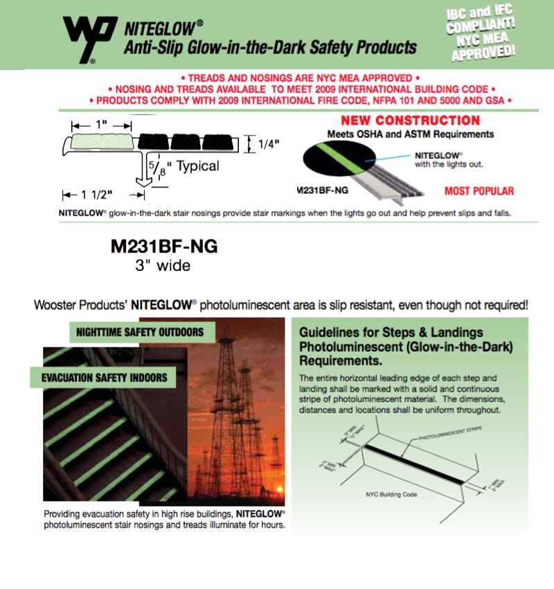 Product dimensions for Wooster M231BF-NG no-slip stair nosing with glow-in-the-dark surface for new concrete